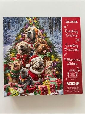 Ceaco Caroling Critters Christmas Puzzle 500 Pc Holiday Dogs Cats New Poster NWT